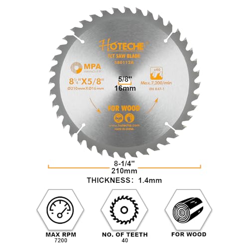 Hoteche 8-1/4-Inch Circular Saw Blade for Wood 40-Tooth Tungsten Carbide-Tipped Blade High-Performance Professioal Saw Blade for Miter Saw and Table Saws, Hole Size 5/8-inch - size: 8-1/4-Inch, style: 40T-5/8in