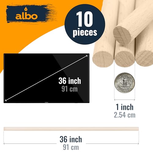 Albo 1" x 36" Wooden Dowel Rods Set - 10 Pack Birch Natural Long Craft Sticks Woodworking Furniture Garden Structures Hardwood Sanded Smooth Railings Supports Decor Crafts DIY Projects - size: 1" x 36" 10 Pcs