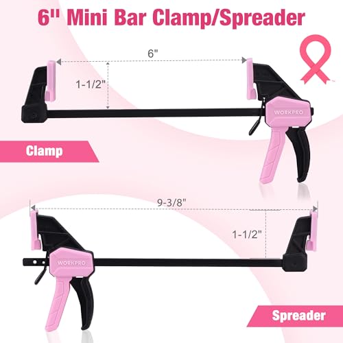 WORKPRO 2-Pack 6" Mini Bar Clamp Set, 50 lbs Load Limit, Pink Ribbon - color: Pink, size: 6" Mini