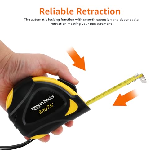 Amazon Basics Self-Locking Tape Measure, 25ft (8-meters), Accurate Dual Scale inch/metric, MID Accuracy, Extendable, 2-Pack, Yellow - color: Yellow, size: 7.6 m