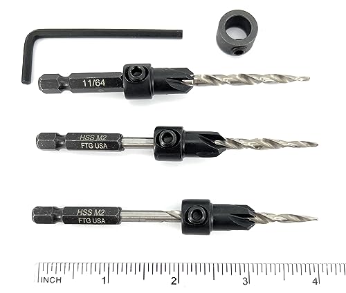FTG USA #8(11/64") Wood Countersink Drill Bit 3-Pc Set with 3/8" Depth Stop - size: #8, style: 3 Pc with Depth Stop