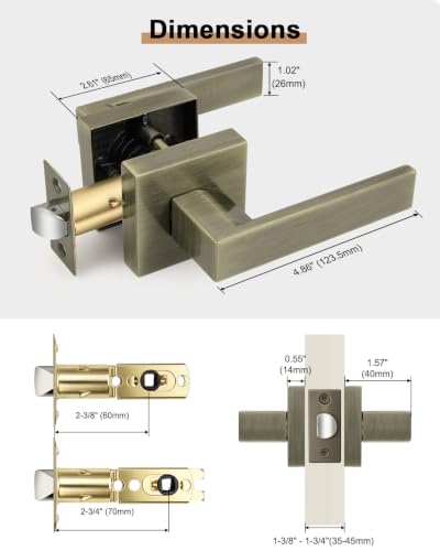 Probrico Passage Antique Brass Closet Door Handles, 6 Pack Interior Non-Locking Aged Bronze Square Zinc Alloy Lever, Reversible for Right & Left Side - color: Antique Brass