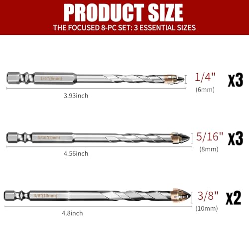 8-Piece Masonry Drill Bit Set, Concrete Drill Bit Set, 3 Sizes, 1/4"-3/8" - size: 1/4"-3/8" (8PCS)