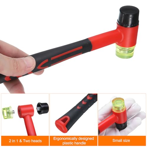 uxcell Rubber Mallet Double-Faced with Non-Slip Plastic Grip Rubber Hammer with Soft/Hard Replacement Mallet for Leather Crafts Tile Vinyl Woodworking Flooring Installation, Red