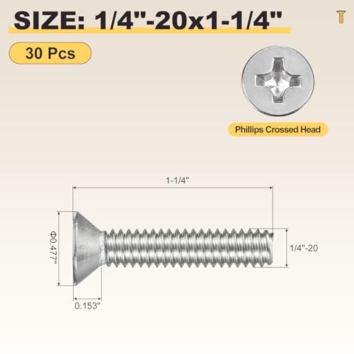 METALLIXITY 1/4"-20x1-1/4 Phillips Flat Head Bolts 304 Silver 30Pcs - color: Silver, size: 1/4"-20x1-1/4"