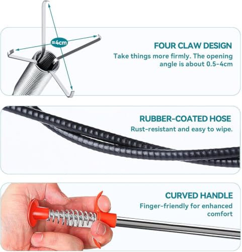 New Upgrade 76 inch Drain Snake Hair Drain Clog Remover Tool - Sink Drain Cleaner for Toilet Sewer Shower Kitchen Bathroom Tub Clogged Drains Opener Cleaning Tool, Flexible Grabber Claw Pick Up Tool - style: 76 in