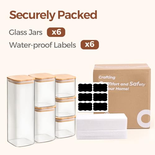 ComSaf Glass Storage Containers Set of 6 (2.2Qt/1.2Qt/0.8Qt/0.6Qt*3) | Pantry Storage Containers, Kitchen Jar, Glass Canisters, Bamboo Lid with Silicone Seal, Flour, Cereal, Spice Jar, BPA Free - size: 0.6Qt*3/0.8Qt*1/1.2Qt*1/2.2Qt*1