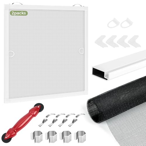 FLYZZZ 2-Pack Window Screen Frame Kit, Heavy-Duty DIY Window Screen Replacement Kit up to 36" x 36" with Upgraded Aluminum Frame (125g/m), Full Tool Set & Easy-Install Clips - size: 36" x 36"