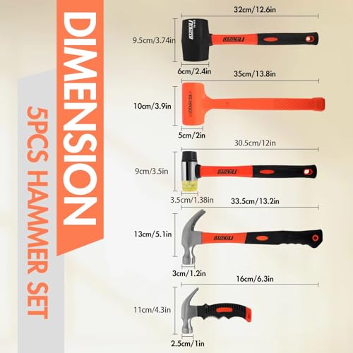 5-Piece Hammer Set, 2LB Dead Blow Hammer | 16oz Claw Hammer | 16oz Rubber Mallet | 35mm Double-Faced Soft Mallet | 8oz Small Hammer