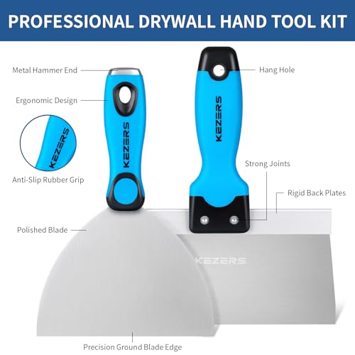 KEZERS Drywall Hand Tool Kit, 5 Pieces 4" 6" 8" 10" 12" Stainless Steel Drywall Knife with Metal Hammer End, includes Putty Knife, Taping Knife with Ergonomic Grip for Drywall Work