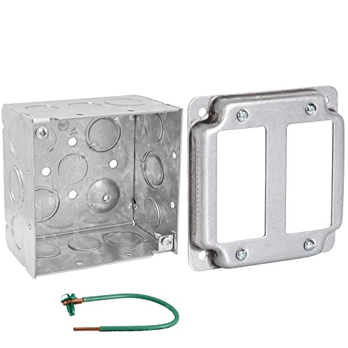 Pack of Box and Cover 4'' Square Electrical Box, 2-Gang Rocker Switch, Exposed Work Cover, Crushed Corners, Welded Construction, Ten 1/2'' and Six TKO Knockouts, Raised Ground, 2-1/8'' - size: 2-Gang Rocker
