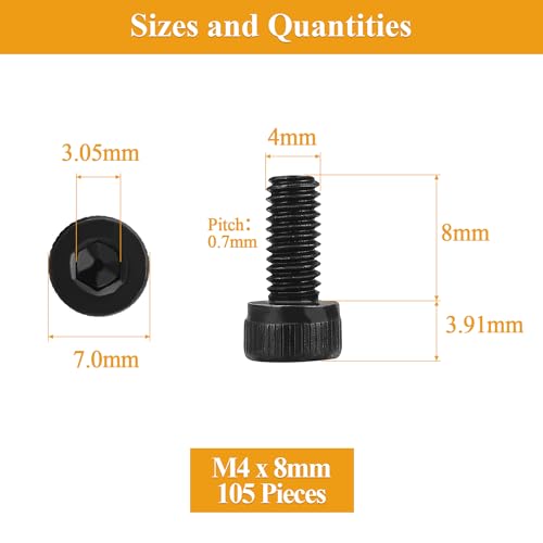 105 Pieces M4 x 8mm Socket Head Cap Screws, Thread Pitch 0.7mm, Sutemribor M4 Black Screws, 12.9 Grade Alloy Steel, Black Oxide Finish, Fully Threaded - size: M4 x 8mm, style: Socket Head