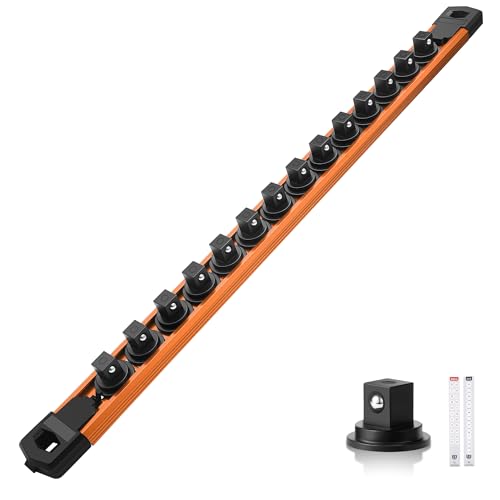 Reniteco Magnetic Socket Organizer, 3/8” Aluminum Alloy Rail, 14 Clips - color: Orange, size: 3/8-inch Drive