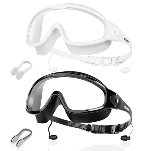 Aegend New Adult Wide View Swim Goggles, Anti-Fog/UV No Leak Swimming Goggles with Ear Plugs for Men & Women - color: Clear White & Clear Black
