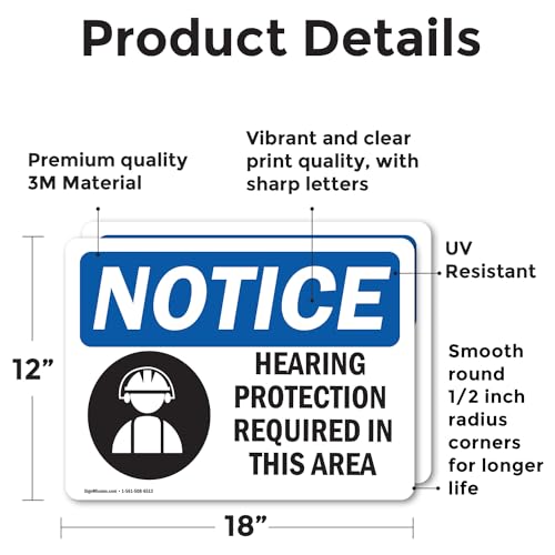(2 Pack) Hearing Protection Required Sign With Symbol OSHA Notice Sign 18 Inch X 12 Inch Vinyl Label Decal Sticker Weather Resistant, UV Protected for Workplace, Business, and Construction Site, Made in the USA - size: 18 Inch X 12 Inch, style: Vinyl Deca