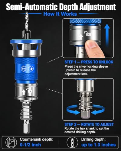 Upgrade 10PCS Countersink Drill Bit Set with Adjustable Depth Stopper - color: Blue, size: Extended - Quick Adjustment