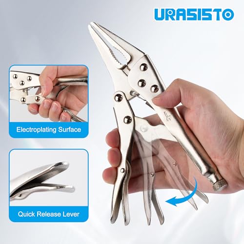 URASISTO 9-Inch Long Nose Locking Pliers, Premium Cr-V Construction, Long Nose Pliers with Wire Cutter for Easy Access to Hard to Reach Areas