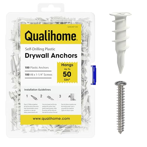 Qualihome Drywall Anchors with Screws – 200 Piece Set (100 Anchors + 100#8 x 1-1/4" Screws) | Self Drilling Drywall Anchors Heavy Duty | Wall Anchors for Drywall | Plastic Screw Anchor Kit - style: 100 Pack