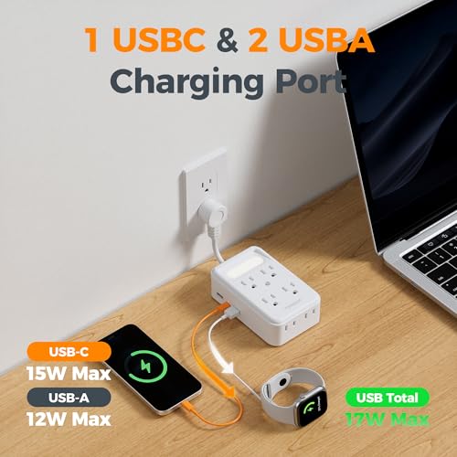 TESSAN Multi Plug Wall Outlet, 6 AC Outlet Extender with 3 USB Ports (2A1C) and Night Light, 3-Sided Multiple Wall Plug Expander，Charging Station for Cruise Travel, Home Office, Dorm Room Essentials