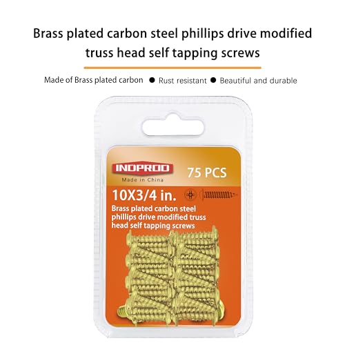INDOROD #10 x 3/4" Truss Head Phillips Wood Screw (75 Pack), Brass Plated Screws, Self Tapping Wood Screws, Modified Truss Head, Brass Screws for Wood, 10 x 3/4 Inch, Gold - size: #10 x 3/4"