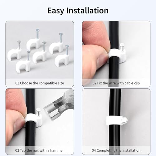 LeMotech Flat Cable Clips, 100pcs 8mm Wire Wall Clips with Steel Nails, Coaxial Nail Clamps for Cable Cord Management CAT5 CAT5e CAT6 CAT7 RJ45 Ethernet Cable Clamps, White - size: Flat (8mm)
