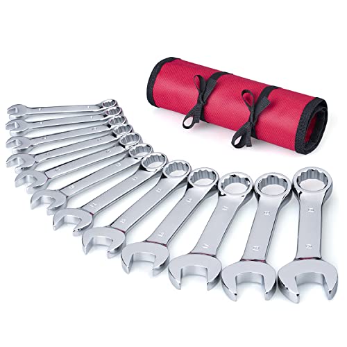 Premium Stubby Combination Wrench Set with Roll-up Pouch, 12-Piece, Metric, 8mm to 19mm, No Skipped Size | Cr-V Steel, Mirror Polished Finish | Short Length and Slim Body, Perfect for Confined Areas - size: Metric Set