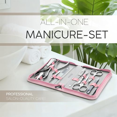 Manicure Set Women and Men – 12-Piece Professional Grooming Kit with Premium Tools, Genuine Leather Case, and Exclusive Glass Nail File for Hand & Foot Care, German Quality - color: Pink
