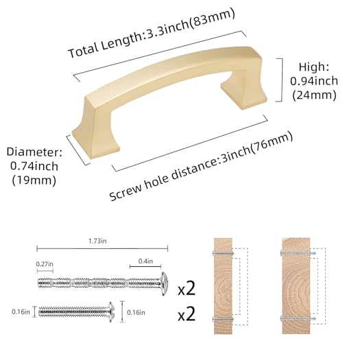 COTYKILEY 10 Pack 3 Inch(76mm) Brushed Brass Cabinet Handles Gold Kitchen Cabinet Pulls Cabinet Door Handles Kitchen Cabinet Hardware Cupboard Drawer Pulls Dresser Handles - color: Brushed Brass, size: 3" Hole Center（76MM）