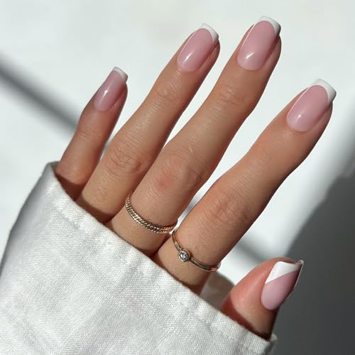 Glamnetic Press On Nails - Medium Square, Glossy Fake Nails 30 Pc Full Kit - color: 1B - Classy French