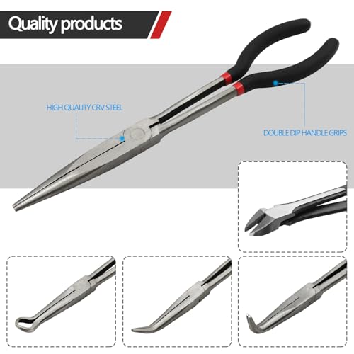 5-Piece 11" Extra Long Needle Nose Pliers Set, Premium CRV Steel - size: 5 Pieces - 11" - Straight/45°/90°/Circle/Diagonal