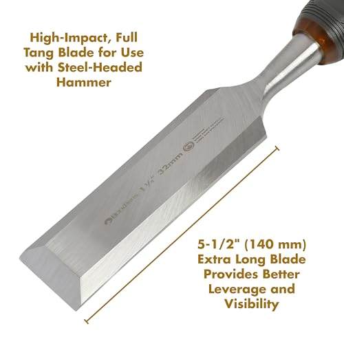 Buck Bros. 74817 1-1/4 Inch Wood Chisel, Full Tang Wood Carving Tools, Woodworking Tools for Carpentry, Trim Work, and DIY Projects, Hardened Steel Blade, Beveled Edge, Durable Non-Slip Handle - size: 1-1/4 Inch