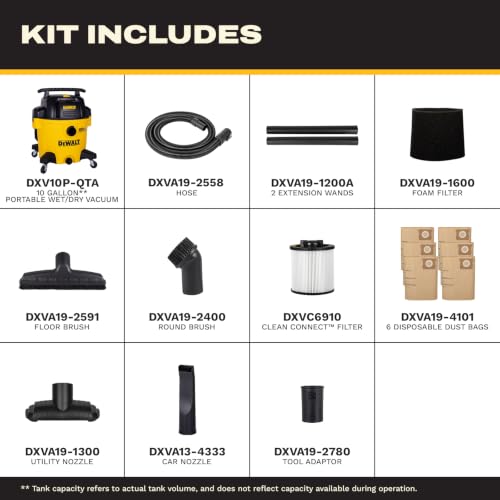 DEWALT Stealthsonic 10 Gallon 5HP Quiet Shop Vacuum Wet and Dry, DXV10P-QTA - size: 10 Gallon