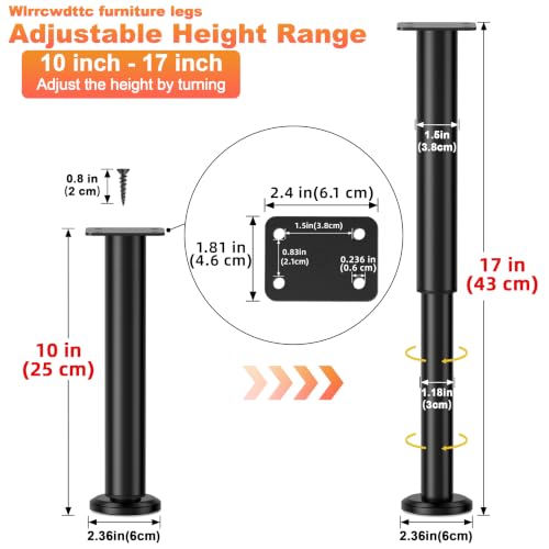 Wlrrcwdttc 4 Pcs Adjustable Bed Center Support Legs 10-17 inch for Bed Frame/Bed Center Slat, Metal Adjustable Furniture Legs for Bed/Cabinet/Sofa/Dresser/Couch/Table,Heavy Duty Bed Replacement Legs - size: 10-17 inch (4pcs)