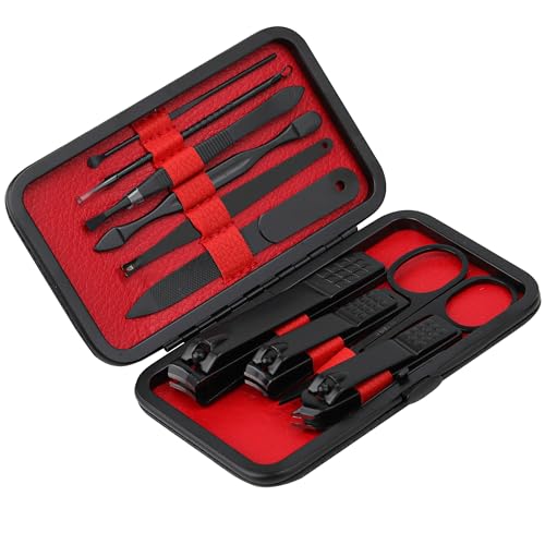 Glamne Manicure Set Nail Clippers Kit Professional Stainless Steel Nail Care Tools with Leather Travel Case 10 in 1 Black - color: Red