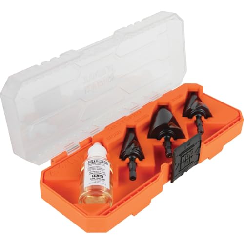 Klein Tools QRSTSPRO Premium 3-Piece Electrician's Step Bit Set with Cutting Oil, Modular Case, Impact Rated Quick Release, Double Spiral Flutes - size: 3-Piece Set (Large), style: Quick Release