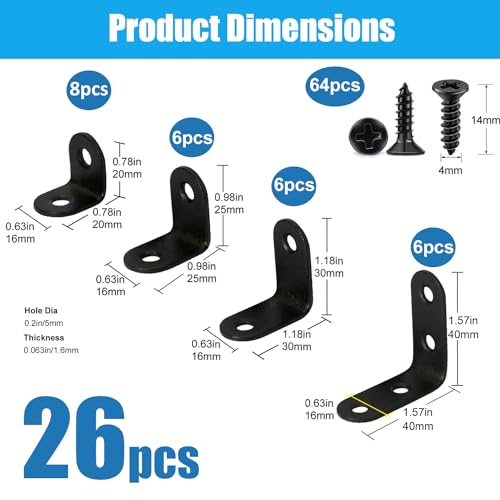 QSJ 26 PCS Corner Bracket Brace Set Stainless Steel 90-Degree Corner Braces 0.78’’/0.98’’/1.18’’/1.57’’with 64pcs Screws for Wood Furniture Cabinet Chair - size: 26Pcs Bracket Set (Solid L-0.78/0.98/1.18/1.57'')