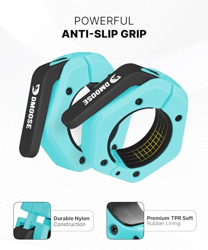 DMoose Fitness Barbell Clips 2 Inch (Pair) - Quick Release Olympic Barbell Clamps & Collars with Anti Slip TPR Grip for Secure Weightlifting and Powerlifting - Weight Clips for Bars at Home or Gym - color: Cyan, style: Magnetic
