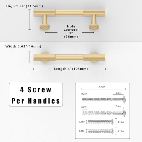 10 Pack Brushed Gold Cabinet Pulls 3 Inch(76mm) Kitchen Cabinet Handles Solid Zinc Alloy Cabinet Hardware Drawer Pulls - color: Brushed Gold, size: 3" Hole Center