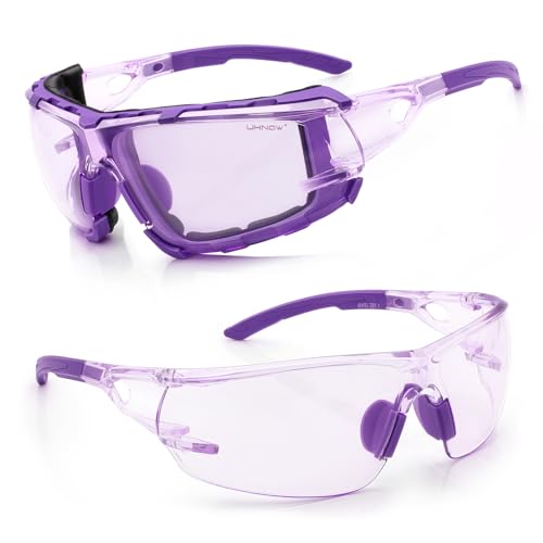 UKNOW Safety Glasses - Anti Fog Wraparound Lenses - Removable Foam Gasket - ANSI Z87.1 Protective Eyewear - Impact Resistant - color: Purple With Light Tint