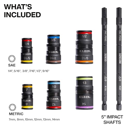 Klein Tools 32933KIT SAE and Metric Impact-Rated Socket Set, 6 Flip Sockets with 12 Hex Driver Sizes, 1/4-Inch Bit Holder, Two Impact-Rated 5-Inch Shafts - color: Sae & Metric Set