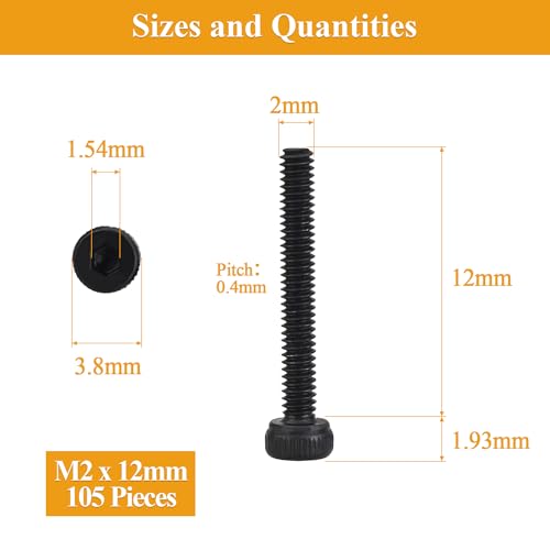 105 Pieces M2 x 12mm Socket Head Cap Screws, Thread Pitch 0.4mm, Sutemribor M2 Black Screws, 12.9 Grade Alloy Steel, Black Oxide Finish, Fully Threaded - size: M2 x 12mm, style: Socket Head
