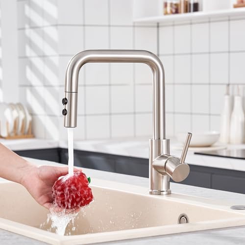 TIORIY Metal Kitchen Faucet Head Replacement, Pull Down Spray Head with 15 Adapters, 2 Function Kitchen Sink Spray Nozzle, Stainless Steel, Brushed Nickel - color: Brushed Nickel