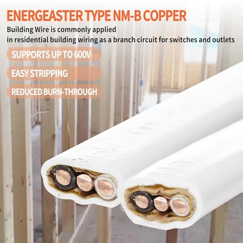 Energeaster Solid Indoor 14/2 W/G NMB Cable 15ft, Electrical Wire, White - size: 15FT, style: 2x14AWG-White