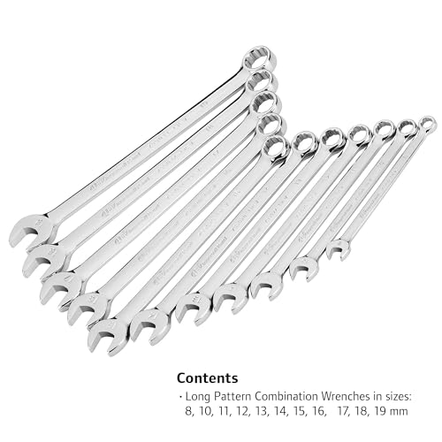 Ingersoll Rand 11 Piece Long Pattern Metric Combination Wrench Set, 8–19mm, Premium Chrome Vanadium Steel, 5° Offset Box End, Extra-Long Handles, with Molded Storage Tray – 752057X - style: Metric Wrench