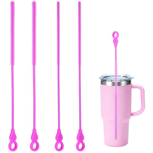 Silicone Straw Cleaner Brush, 4Pcs Reusable Straw Brush Set with Extra-Long Design for Cleaning Thin Metal Straws and Wider Milkshake Straws （6mm+9mm Purple) - color: Purple