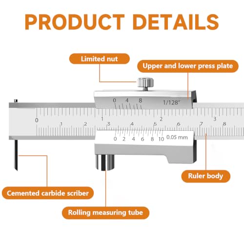 200mm Metal Scriber Calipers, Marking Gauge Calipers, 0-8 inch Carbide Parallel Cross Caliper for Scribing Iron, Steel, Wood and Other Materials
