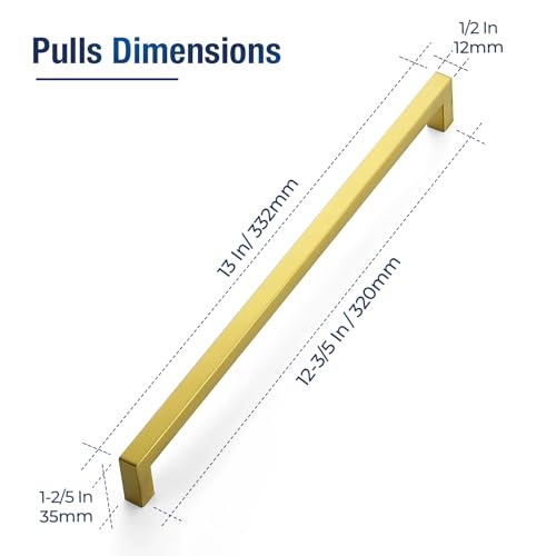 JOY DECOR Gold Cabinet Handles Square Cabinet Pulls 12-3/5 Inch CC, 10 Pack - size: 12-3/5 Inch Hole Center