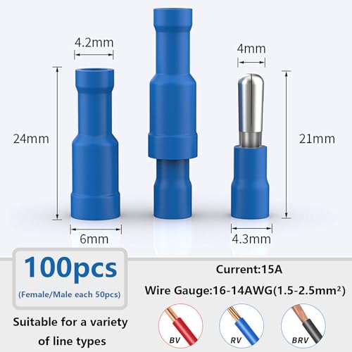 smseace 100PCS Bullet Wire Connectors Assortment Kit 16-14AWG Female&Male Bullet Connectors Terminal for Automotive Boat Stereo Industrial Equipment - size: 100Pcs
