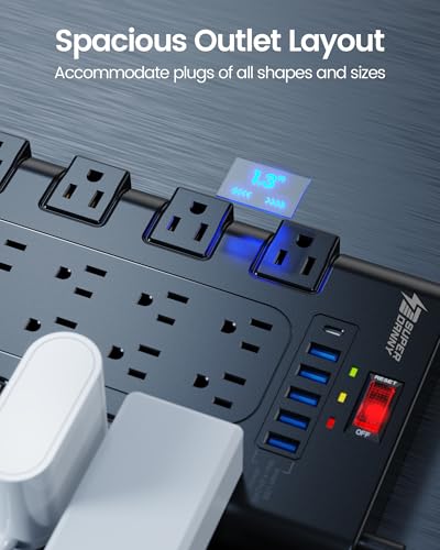 SUPERDANNY Flat Plug Power Strip Surge Protector, 6.5Ft, 22 AC 6 USB, 2100J - color: Black, size: Flat Plug - 6.5 ft