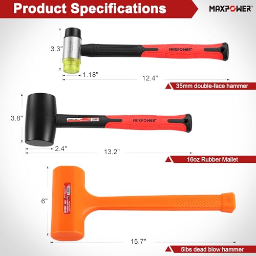 MAXPOWER 3-Piece Hammer Set, 5lbs Dead Blow Hammer, 16oz Rubber Mallet, 35mm Double-Faced Soft Mallet,Non-Marring Striking Tools for Automotive, Woodworking & Assembly - style: 3PCS